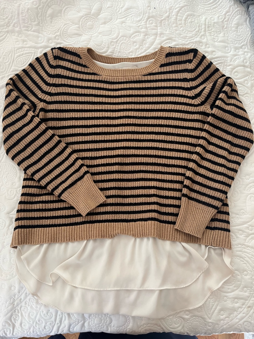 LOFT Tan and Black Striped Crewneck Sweater Preppy and Classic M